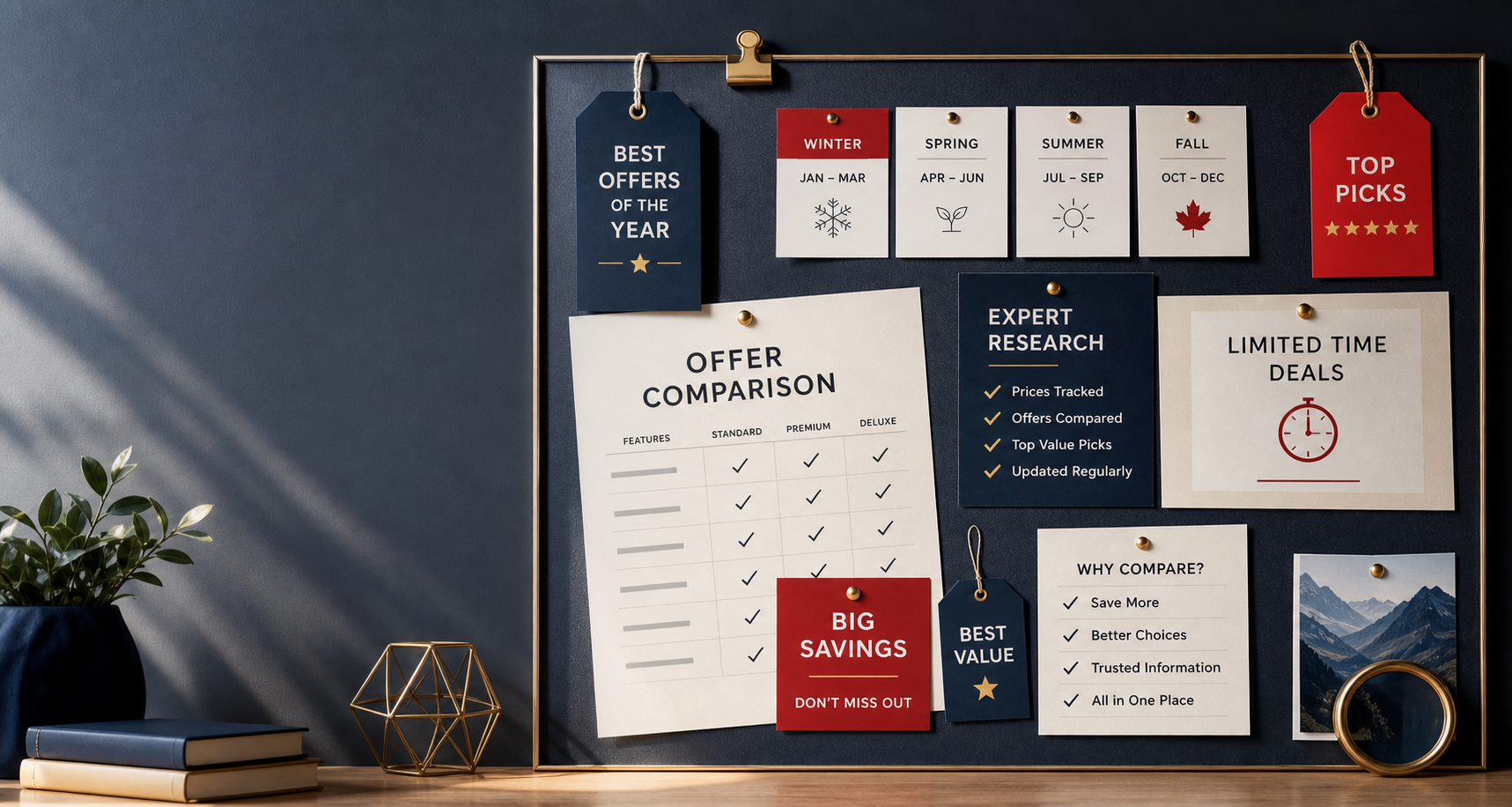 Curated offer board with comparison sheets, seasonal notes, and deal tags